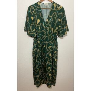 Neiman Marcus Green Chain-Print Wrap V-Neck Midi Dress Small Flutter Sleeve Belt